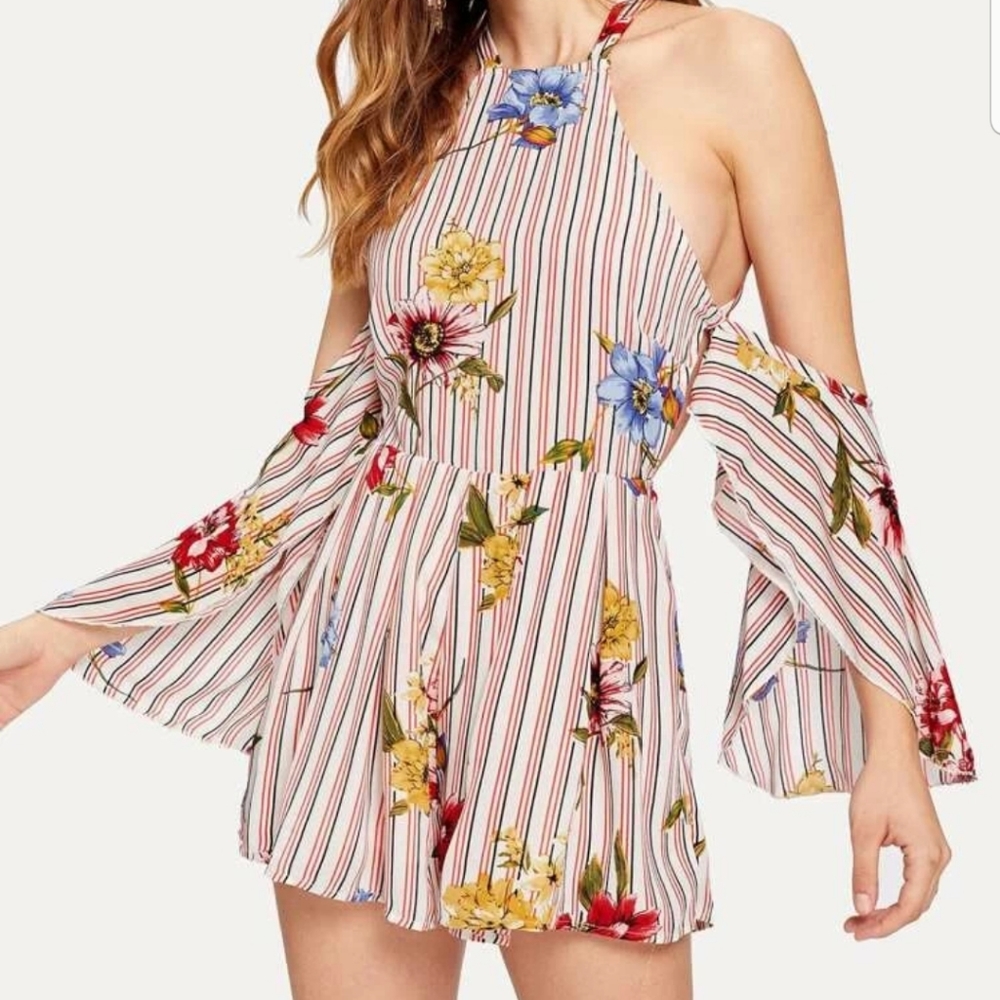 Love & Other Things Halter Cold Shoulder Floral & Striped Romper